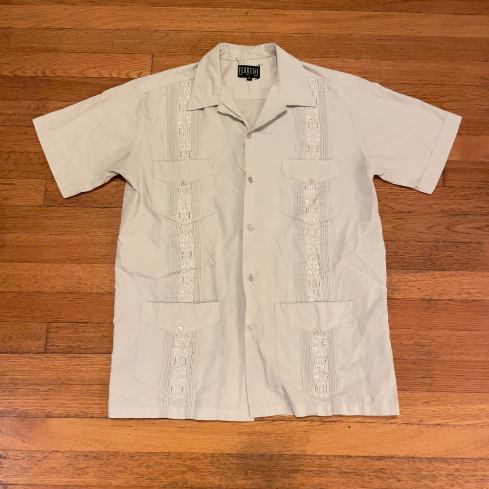 VTG 90s Ferugini‎ Short Sleeve Button Up Shirt Cream Embroidered Cuban Gray M
